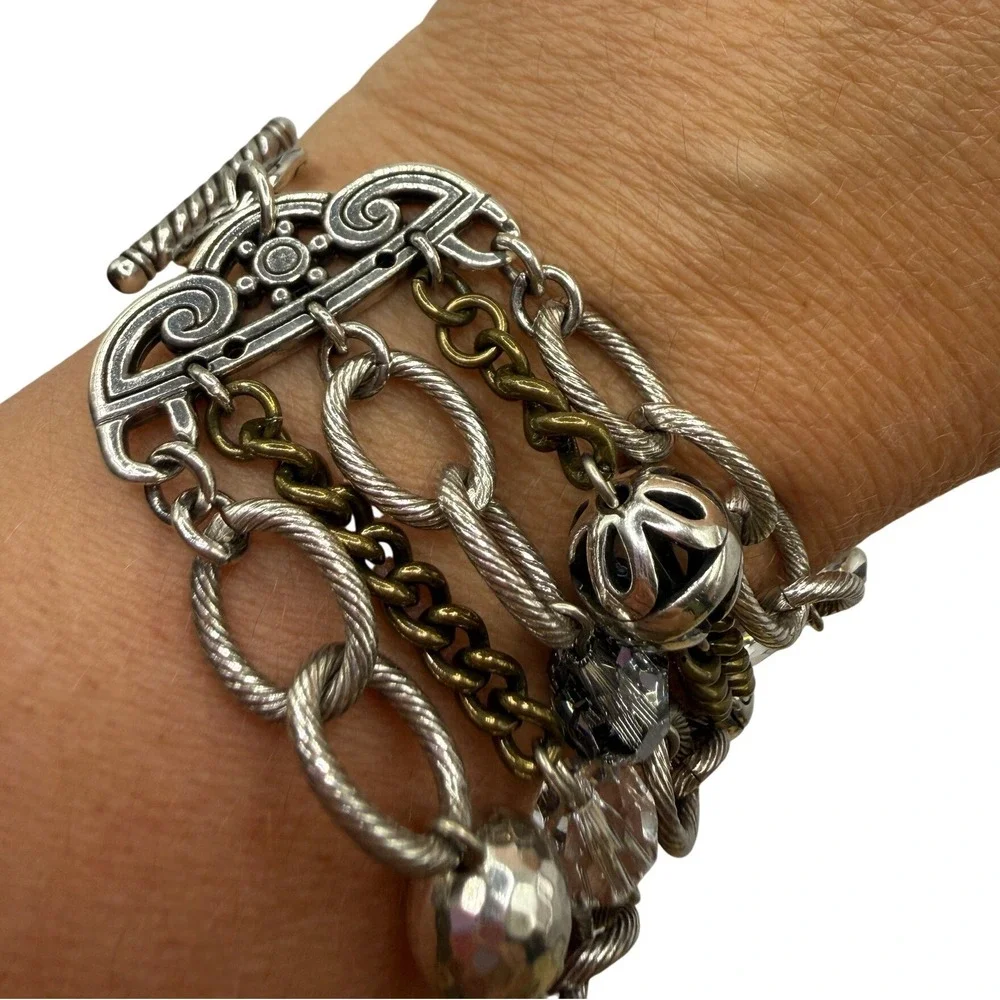 Brighton Silver Mixed Metal Crystal Multi Strand Toggle Bracelet Boho Chic